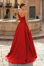 Charming A Line One Shoulder Fuchsia Satin Long Evening Dress with Slit - Curvevia