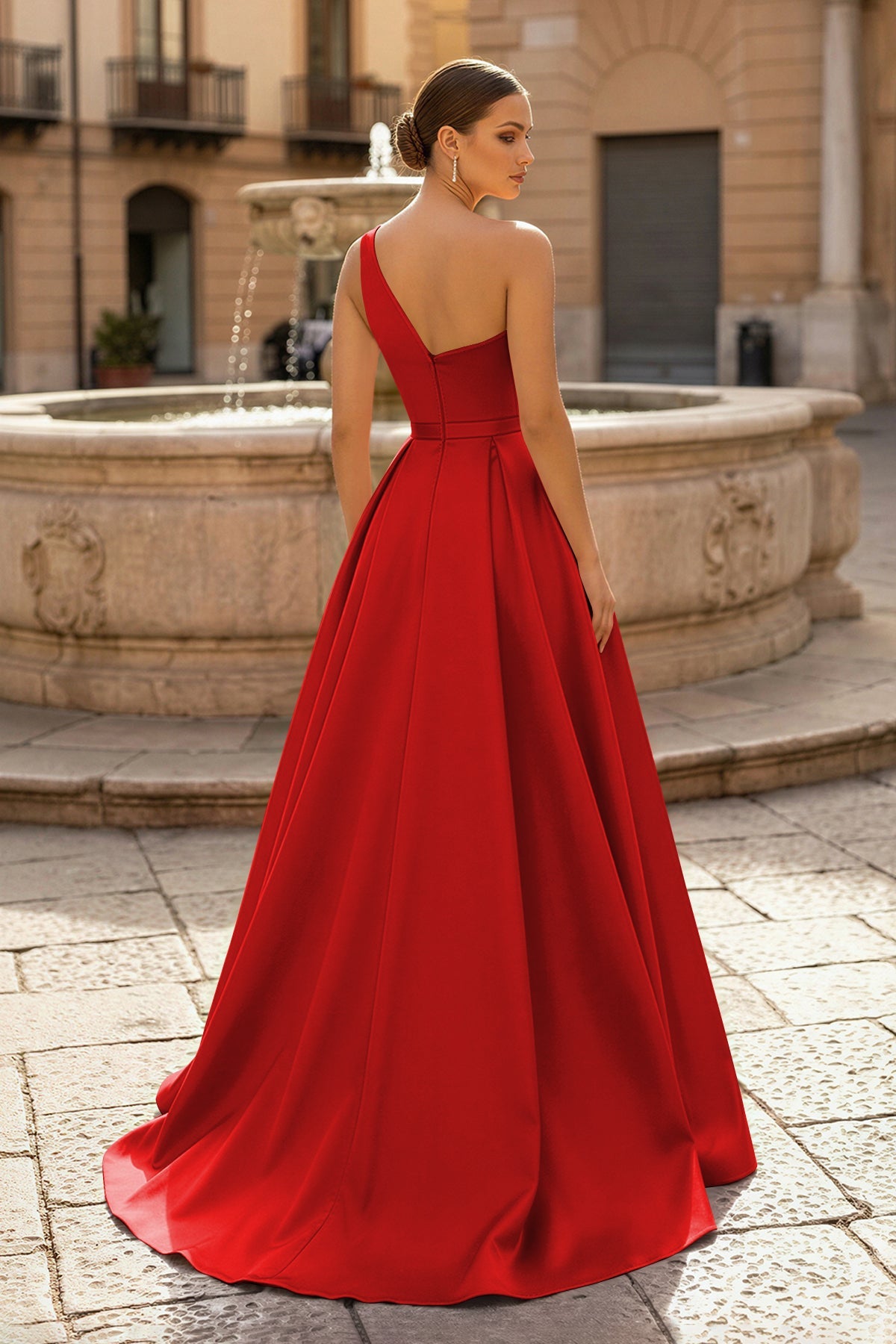 Charming A Line One Shoulder Fuchsia Satin Long Evening Dress with Slit - Curvevia