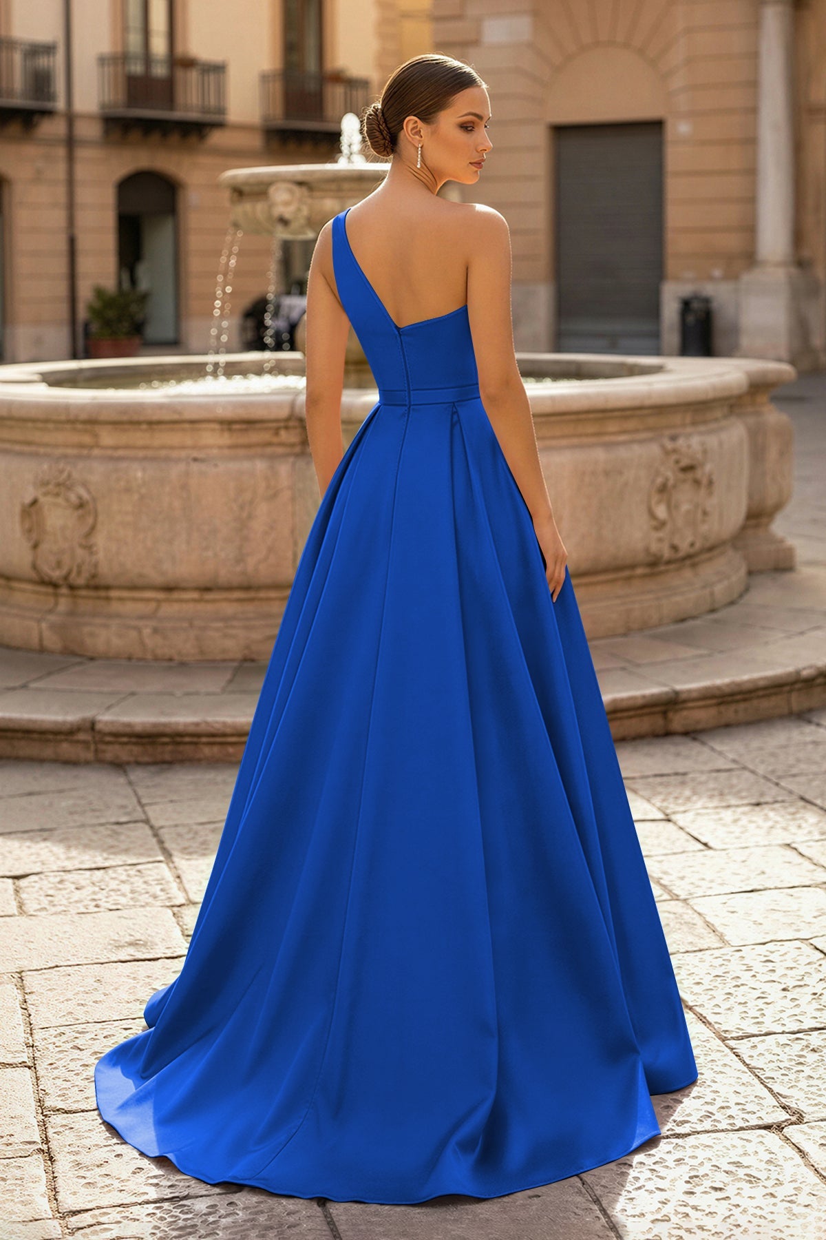 Charming A Line One Shoulder Fuchsia Satin Long Evening Dress with Slit - Curvevia