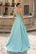 Charming A Line One Shoulder Fuchsia Satin Long Evening Dress with Slit - Curvevia