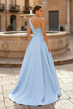 Charming A Line One Shoulder Fuchsia Satin Long Evening Dress with Slit - Curvevia