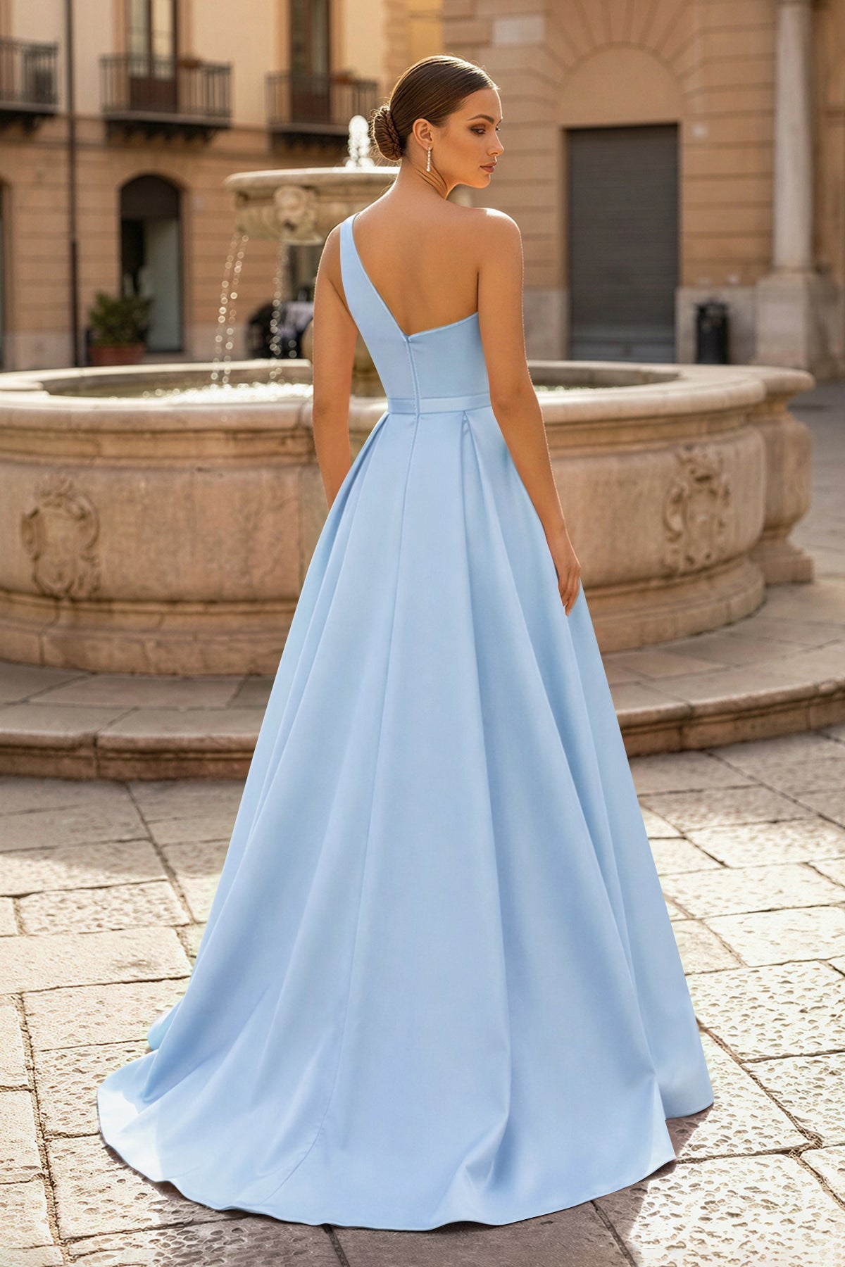 Charming A Line One Shoulder Fuchsia Satin Long Evening Dress with Slit - Curvevia