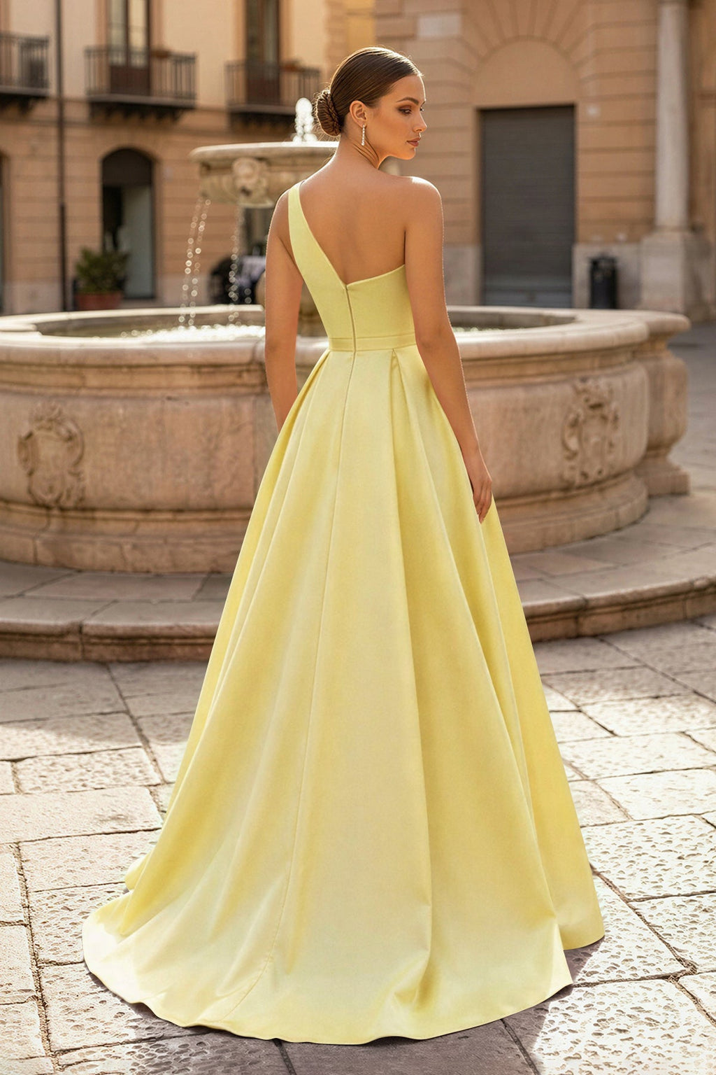 Charming A Line One Shoulder Fuchsia Satin Long Evening Dress with Slit - Curvevia