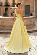 Charming A Line One Shoulder Fuchsia Satin Long Evening Dress with Slit - Curvevia