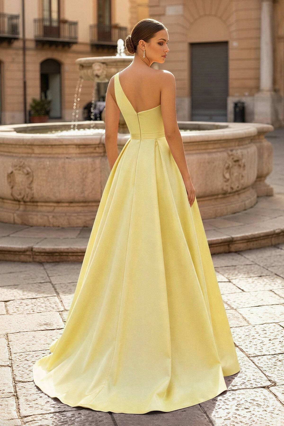 Charming A Line One Shoulder Fuchsia Satin Long Evening Dress with Slit - Curvevia