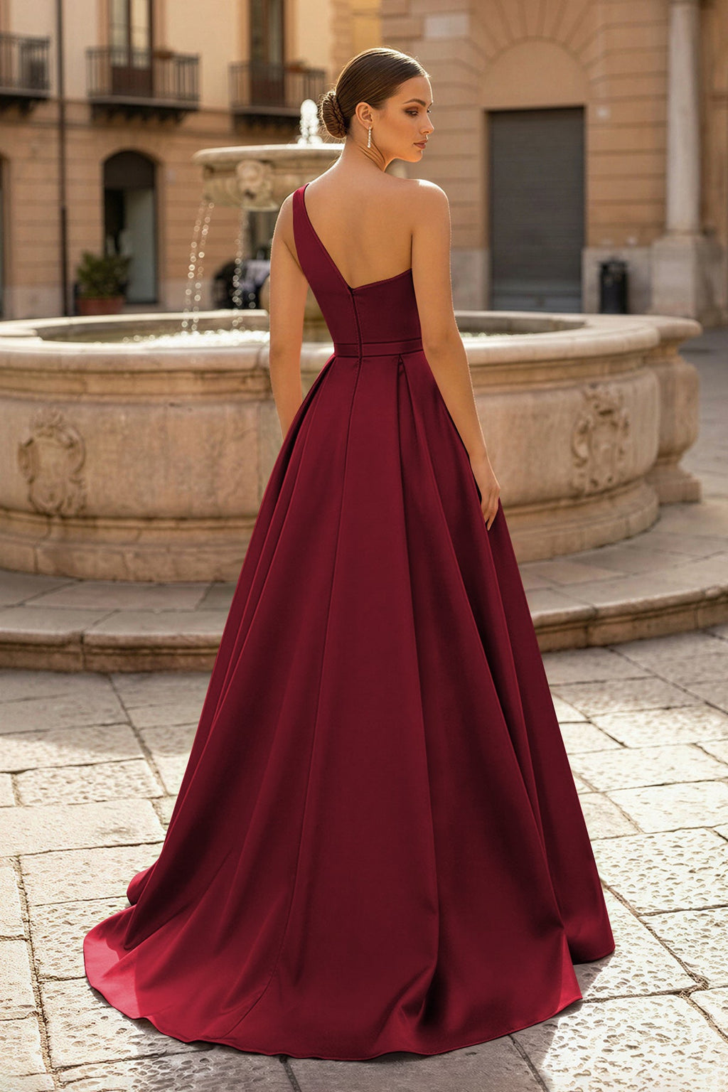 Charming A Line One Shoulder Fuchsia Satin Long Evening Dress with Slit - Curvevia