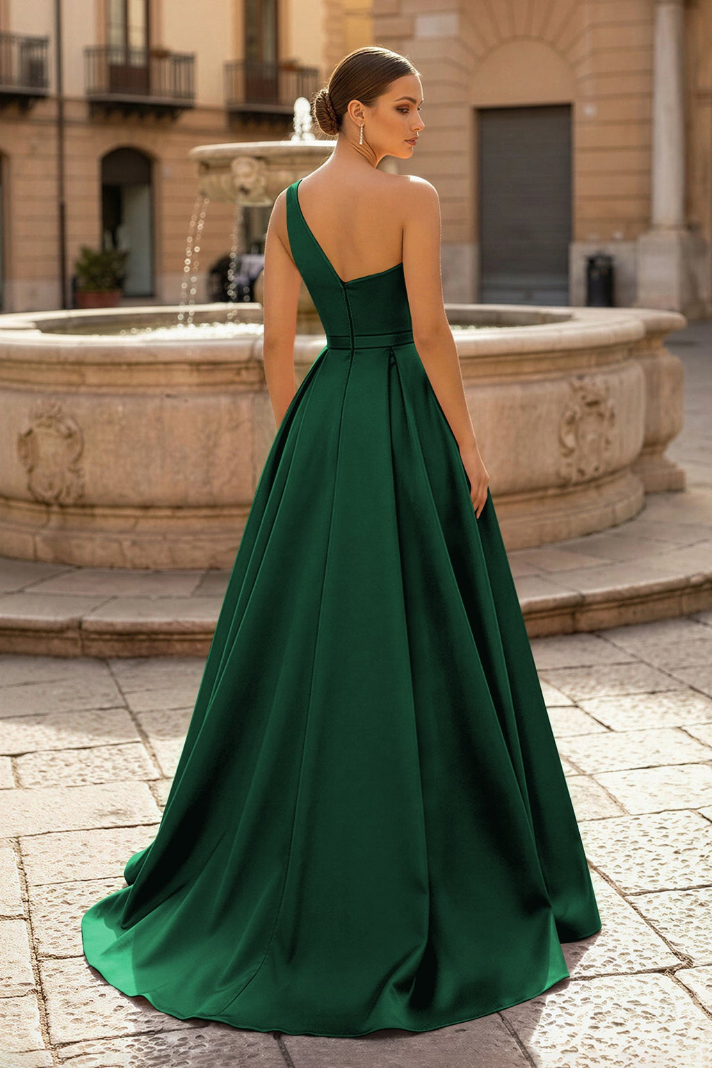 Charming A Line One Shoulder Fuchsia Satin Long Evening Dress with Slit - Curvevia
