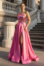 A Line One Shoulder Sequins Long Evening Dress with Slit - Curvevia