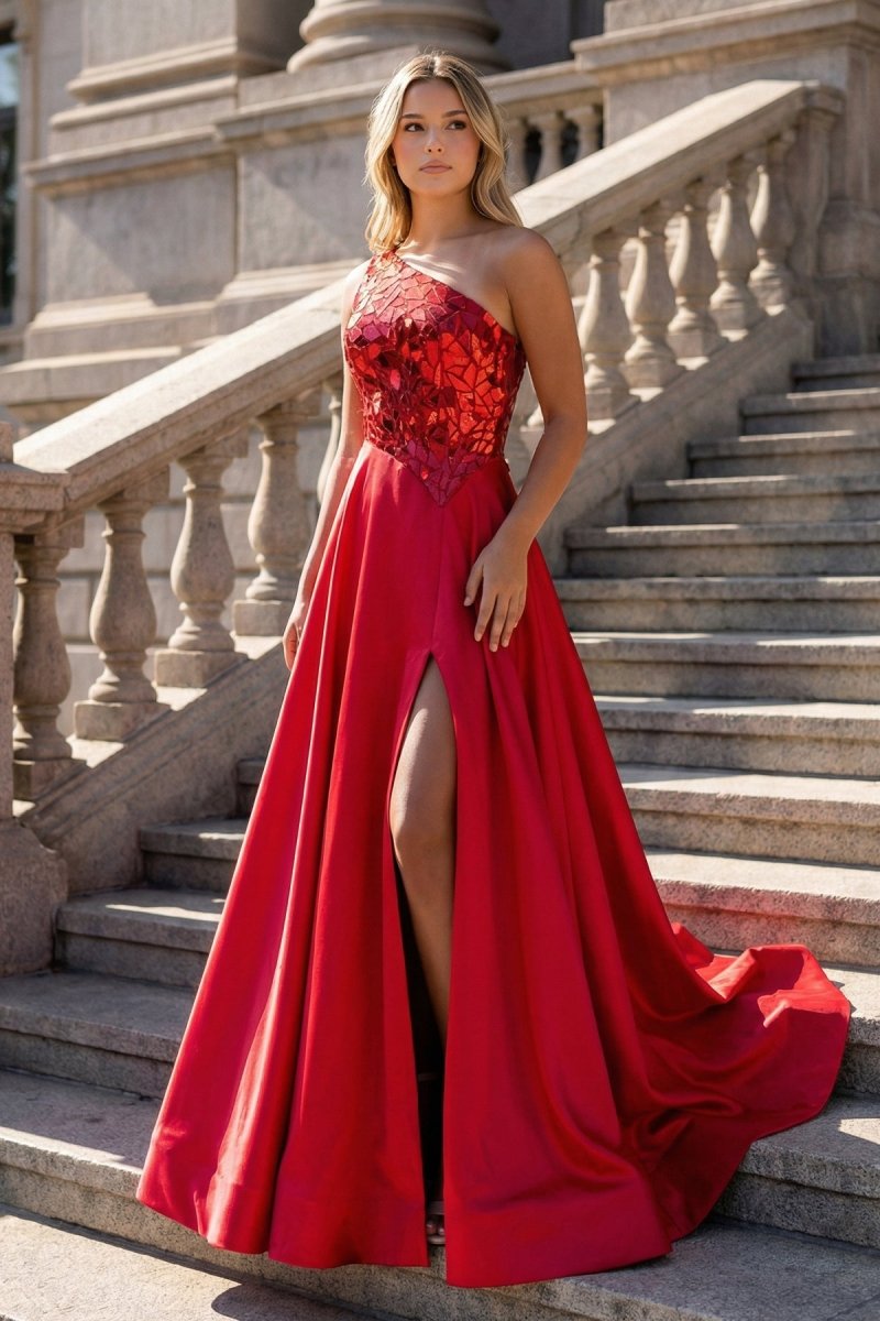 A Line One Shoulder Sequins Long Evening Dress with Slit - Curvevia