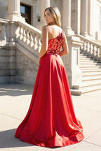 A Line One Shoulder Sequins Long Evening Dress with Slit - Curvevia