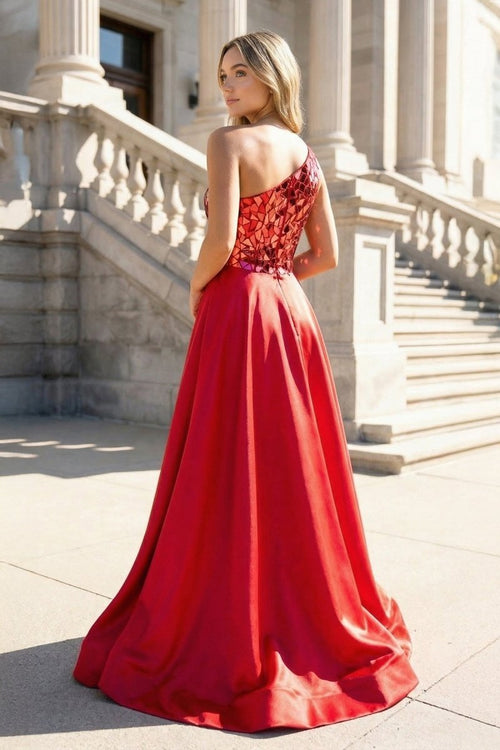 A Line One Shoulder Sequins Long Evening Dress with Slit - Curvevia