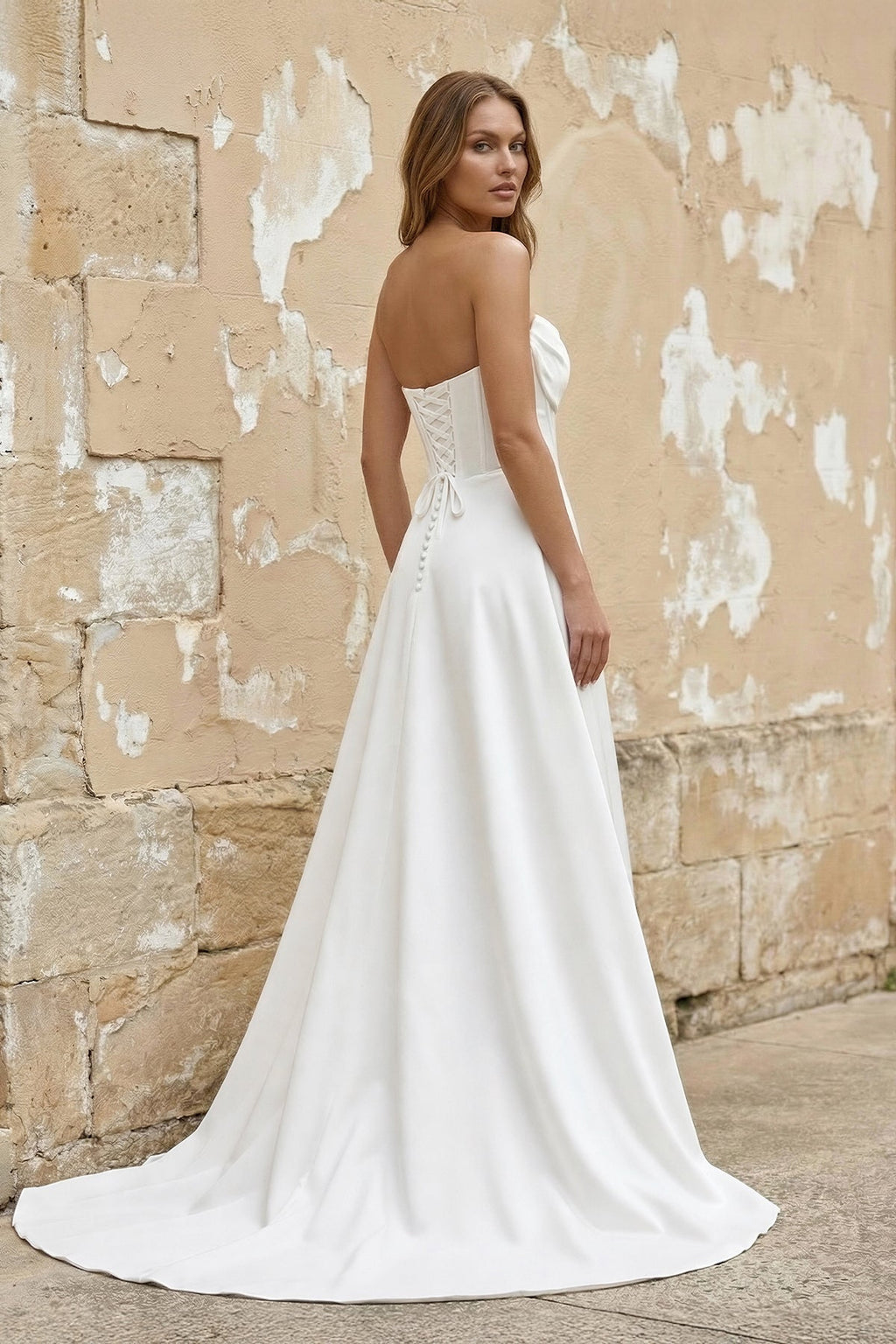 Sheath Strapless White Satin Wedding Dresses with Slit - Curvevia