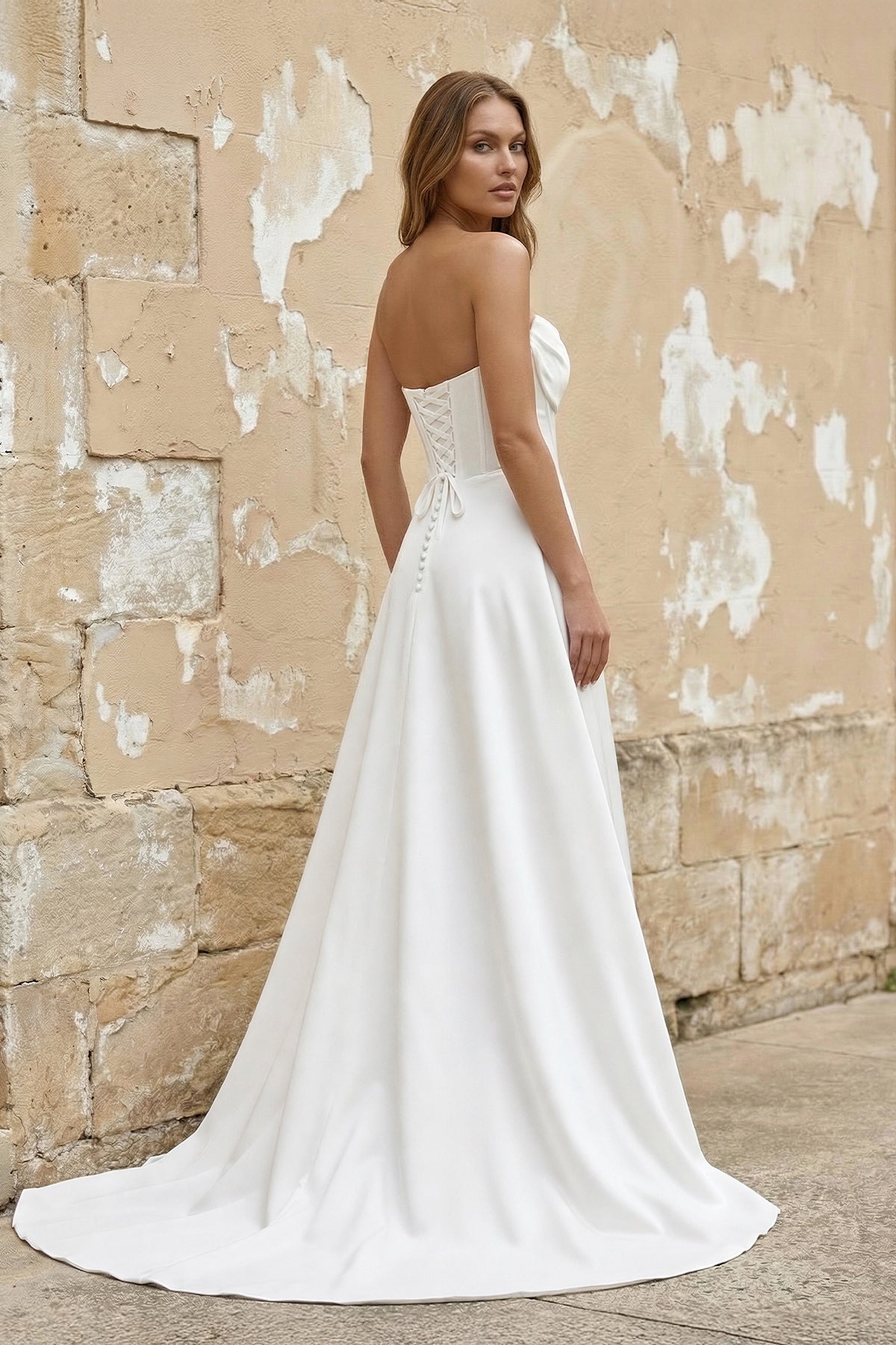 Sheath Strapless White Satin Wedding Dresses with Slit - Curvevia