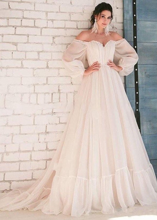 White Bohemian Unique  Sweetheart Long-Sleeve Wedding Dresses - Curvevia