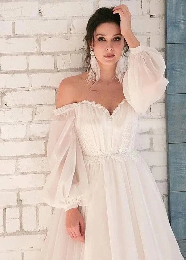 White Bohemian Unique  Sweetheart Long-Sleeve Wedding Dresses - Curvevia