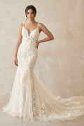 Charming Mermaid V Neck Tulle Wedding Dresses with Appliques - Curvevia