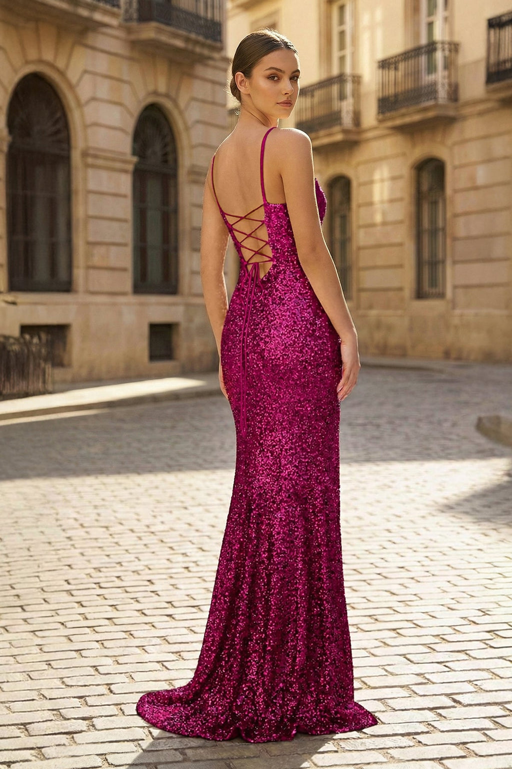  Charming Mermaid Spaghetti Straps Gold Sequins Long Prom Dresses with Slit - Curvevia