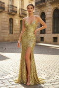  Charming Mermaid Spaghetti Straps Gold Sequins Long Prom Dresses with Slit - Curvevia
