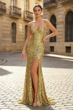  Charming Mermaid Spaghetti Straps Gold Sequins Long Prom Dresses with Slit - Curvevia