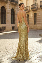  Charming Mermaid Spaghetti Straps Gold Sequins Long Prom Dresses with Slit - Curvevia
