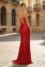  Charming Mermaid Spaghetti Straps Gold Sequins Long Prom Dresses with Slit - Curvevia