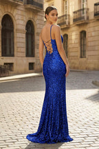  Charming Mermaid Spaghetti Straps Gold Sequins Long Prom Dresses with Slit - Curvevia