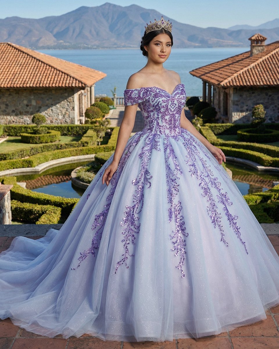Quinceanera Dress Charming Off-the-shoulder Prom Dresses Appliques Lace Up Ball Gown with Sequins - Curvevia
