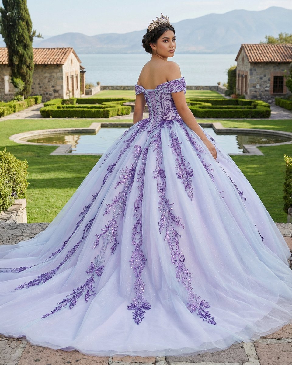 Quinceanera Dress Charming Off-the-shoulder Prom Dresses Appliques Lace Up Ball Gown with Sequins - Curvevia