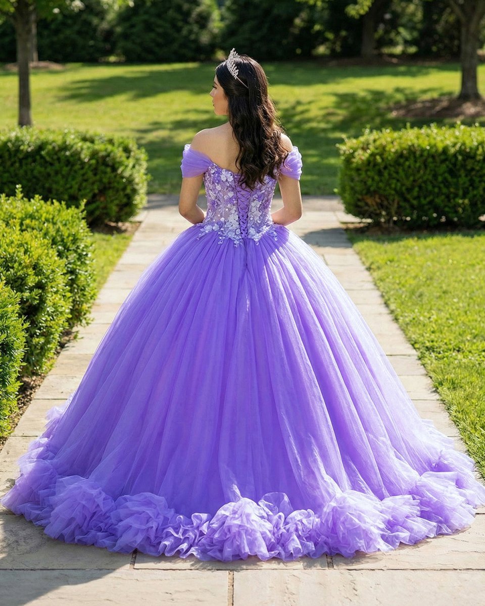 Ball Gown Organza Off-the-Shoulder  Purple Quinceanera Dress - Curvevia