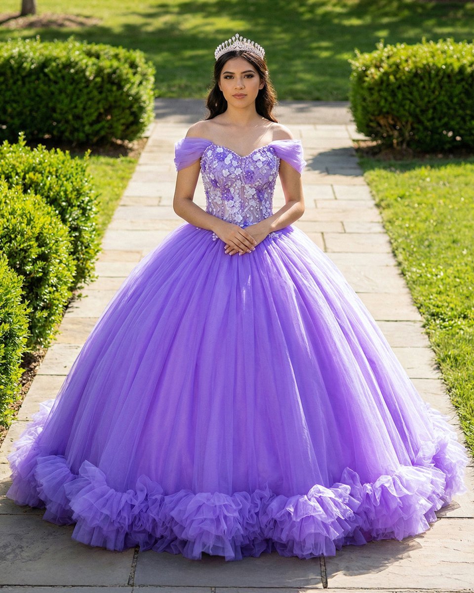 Ball Gown Organza Off-the-Shoulder  Purple Quinceanera Dress - Curvevia