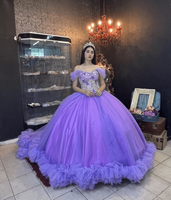 Ball Gown Organza Off-the-Shoulder  Purple Quinceanera Dress - Curvevia