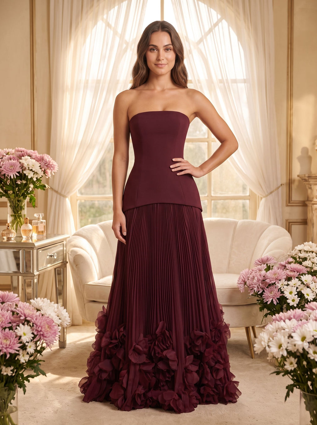 Cabernet Crepe A-Line Straight Neck Lace-up Floor-Length Dress - Curvevia