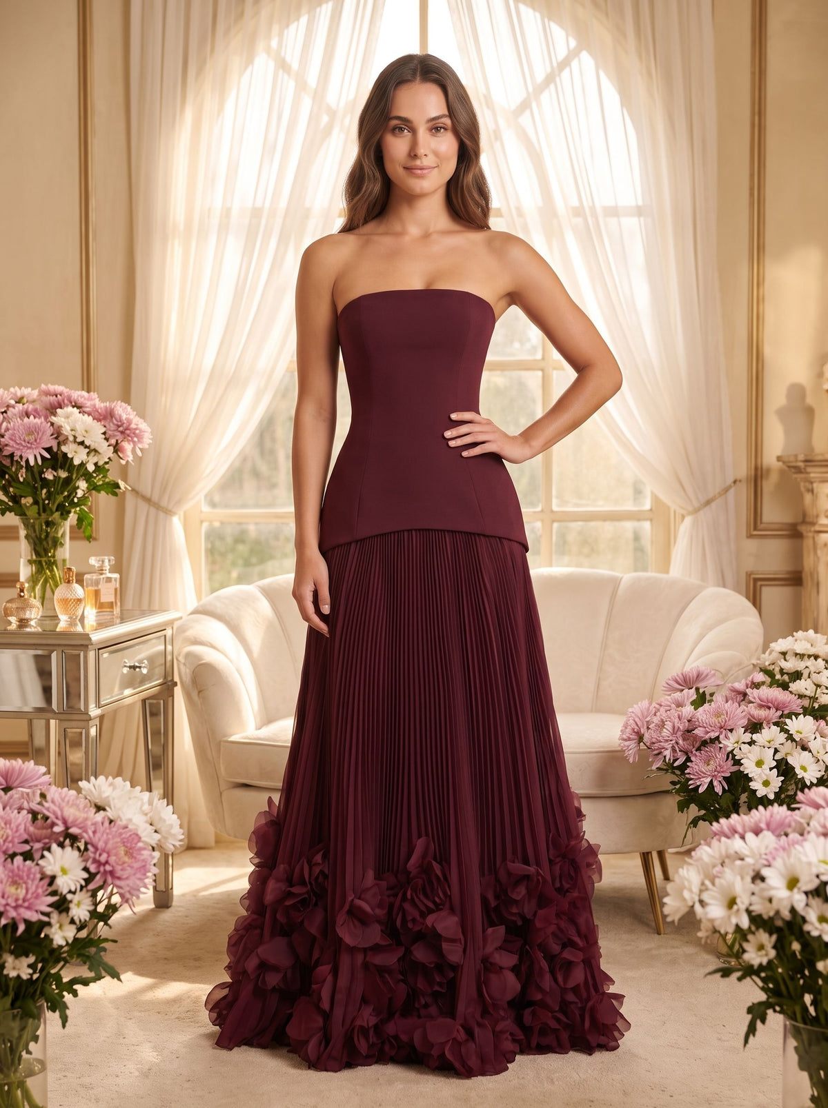 Cabernet Crepe A-Line Straight Neck Lace-up Floor-Length Dress - Curvevia