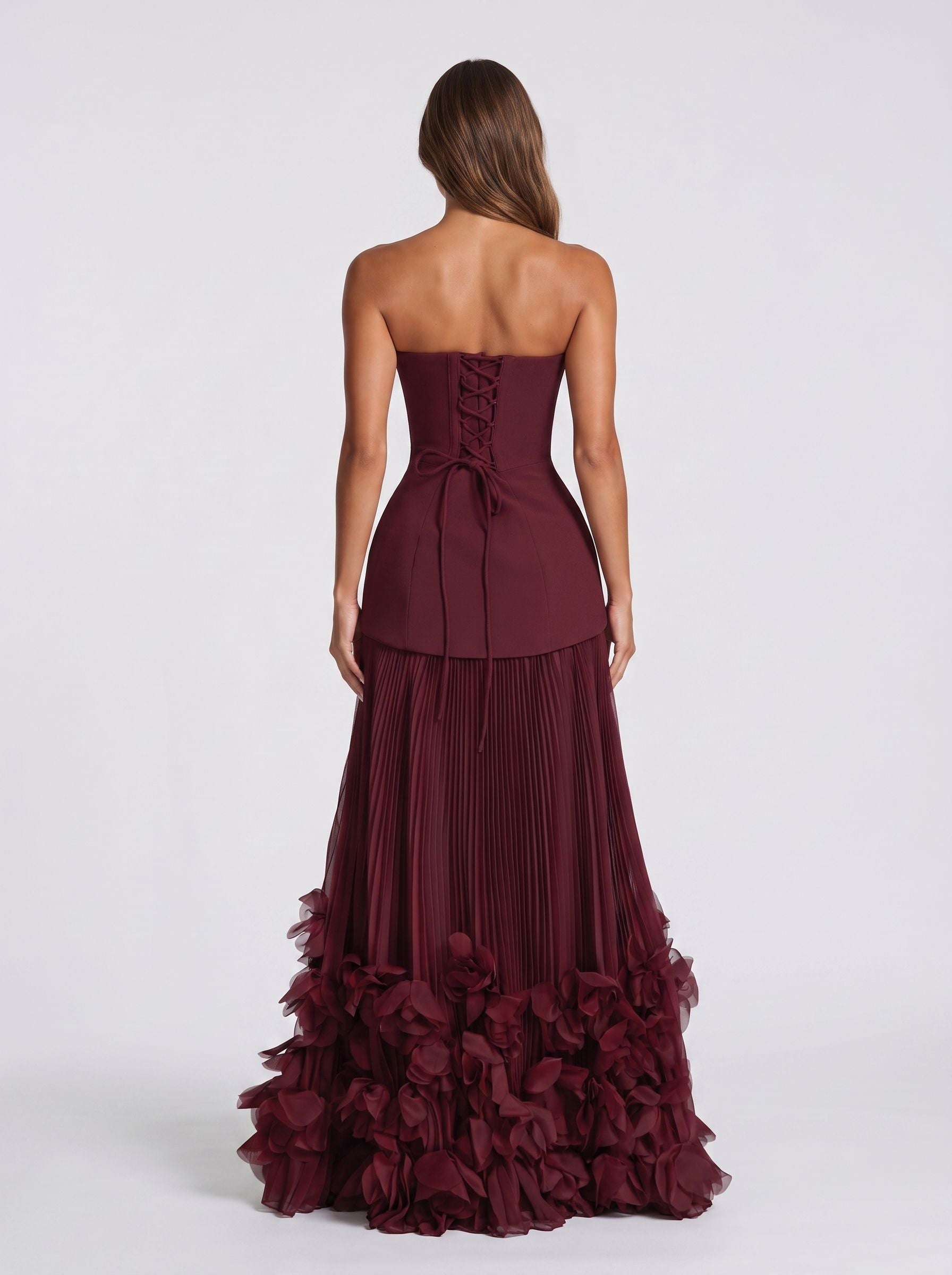 Cabernet Crepe A-Line Straight Neck Lace-up Floor-Length Dress - Curvevia