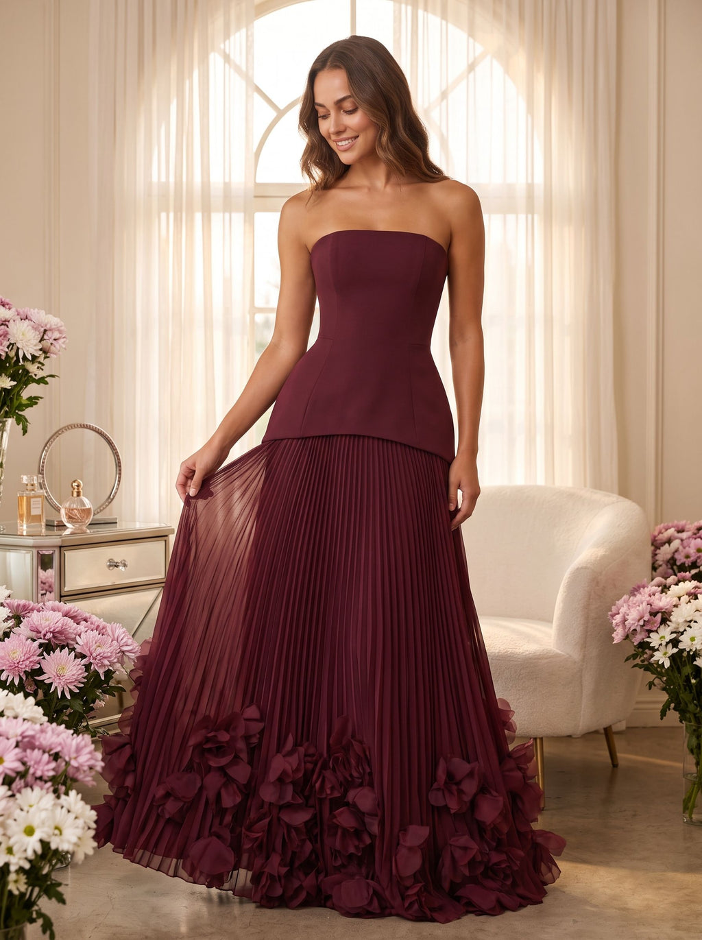 Crepe A-Line Straight Neck Lace-up Floor-Length Dress - Curvevia