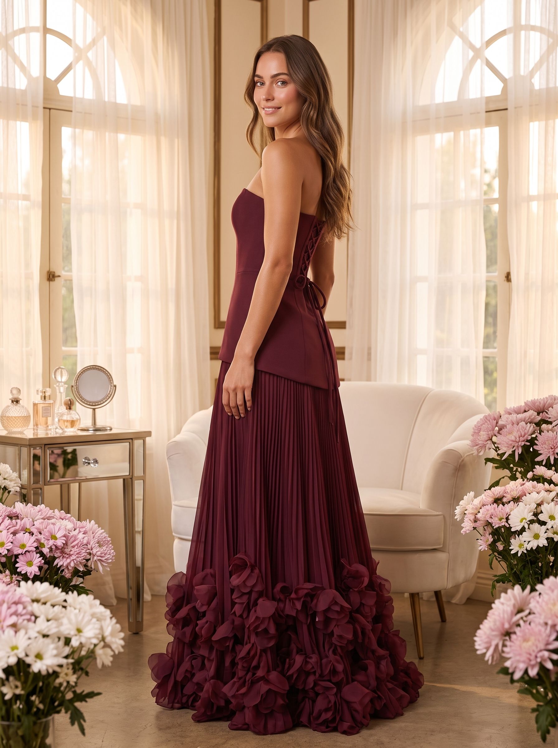 Cabernet Crepe A-Line Straight Neck Lace-up Floor-Length Dress - Curvevia