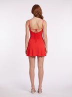 Red Stretch Knit A-Line V-Neck Backless Mini Dress with Flared Hem - Curvevia
