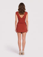Rust Stretch Knit A-Line V-Neck V-Back Mini Dress with Overlay Tie-Hip Detail - Curvevia