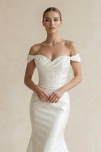 Chic Satin Mermaid Off-Shoulder Ruched With Train Beach Wedding Dress - Curvevia