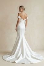 Chic Satin Mermaid Off-Shoulder Ruched With Train Beach Wedding Dress - Curvevia