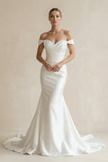 Chic Satin Mermaid Off-Shoulder Ruched With Train Beach Wedding Dress - Curvevia