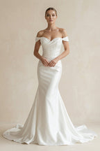 Chic Satin Mermaid Off-Shoulder Ruched With Train Beach Wedding Dress - Curvevia