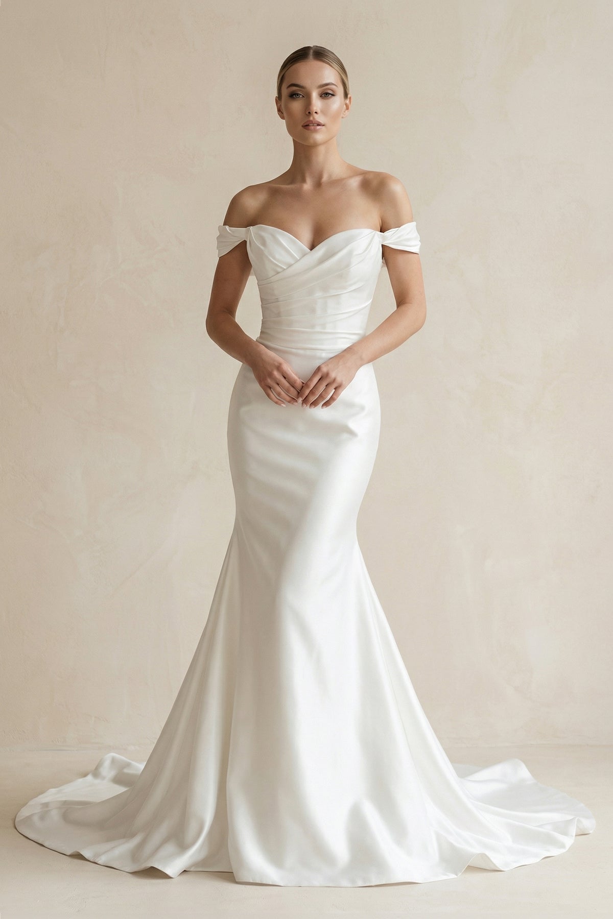Chic Satin Mermaid Off-Shoulder Ruched With Train Beach Wedding Dress - Curvevia