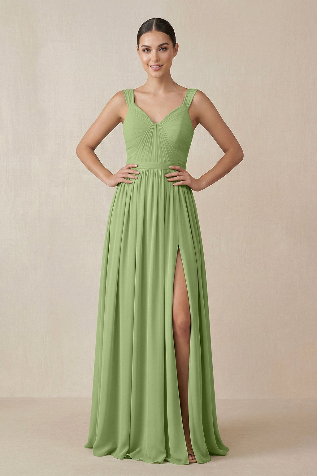 Chiffon A-Line Pleated Bridesmaid Dress in Matcha - Curvevia