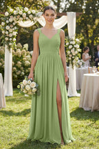 Chiffon A-Line Pleated Bridesmaid Dress in Matcha - Curvevia