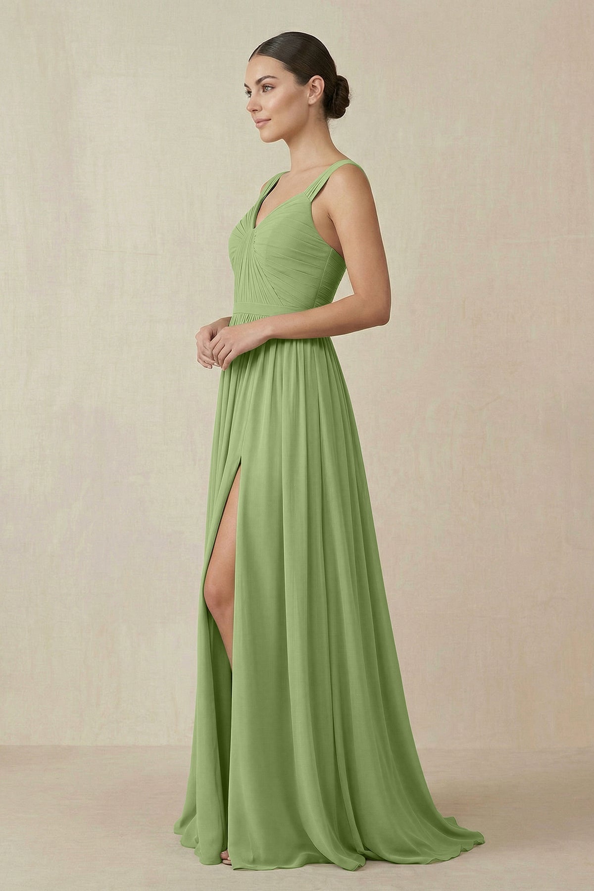 Chiffon A-Line Pleated Bridesmaid Dress in Matcha - Curvevia