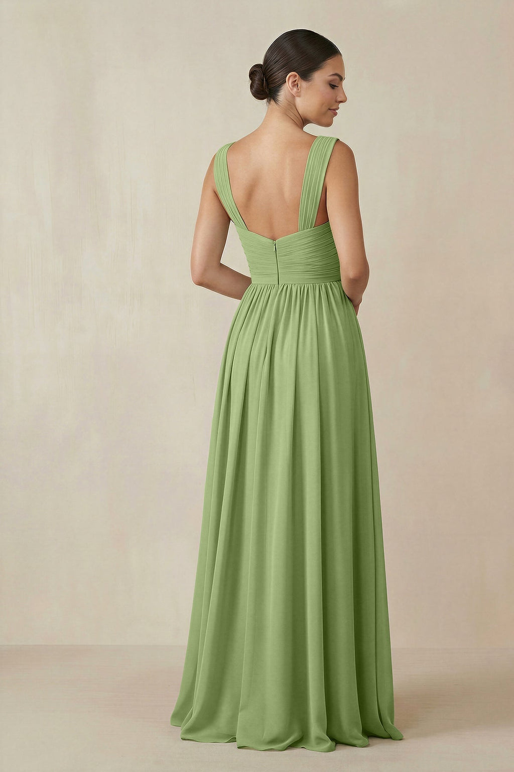 Chiffon A-Line Pleated Bridesmaid Dress in Matcha - Curvevia