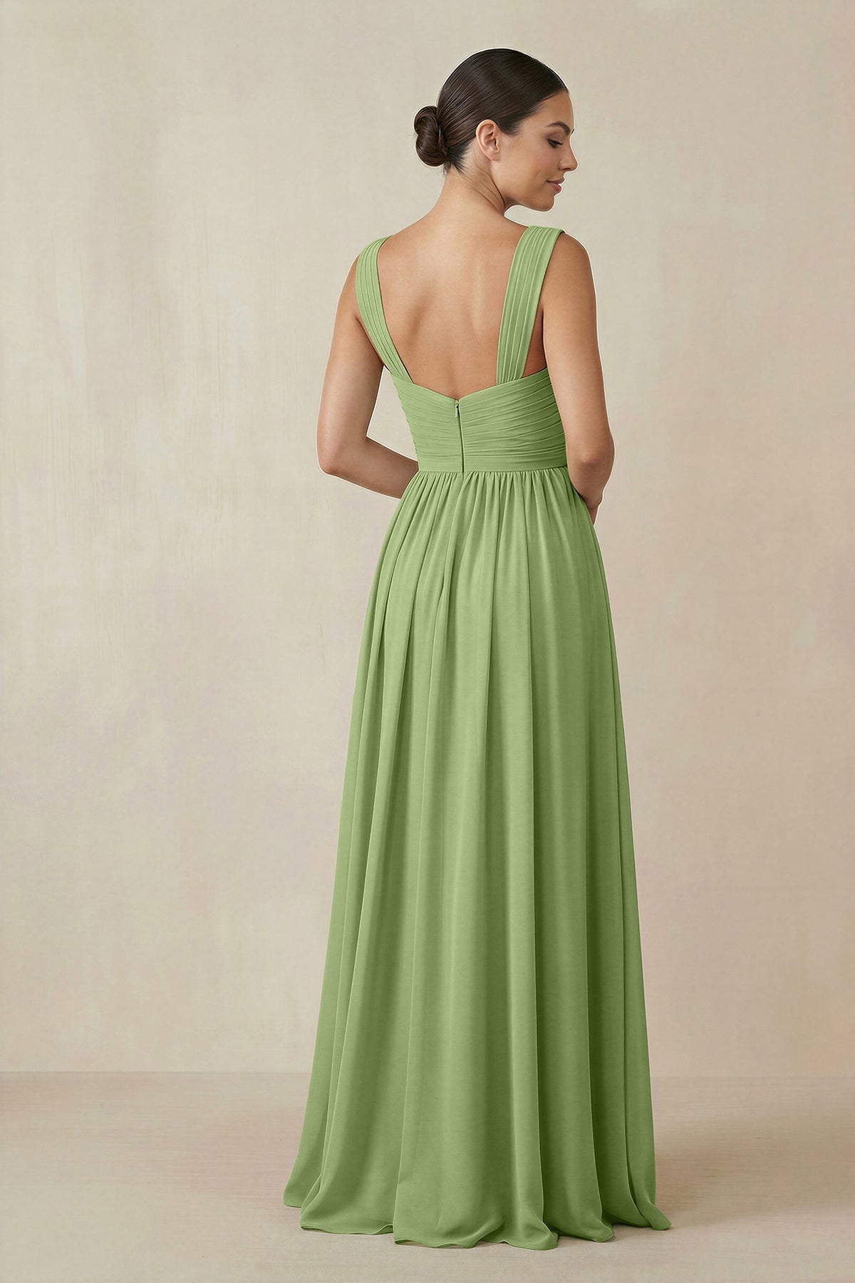 Chiffon A-Line Pleated Bridesmaid Dress in Matcha - Curvevia