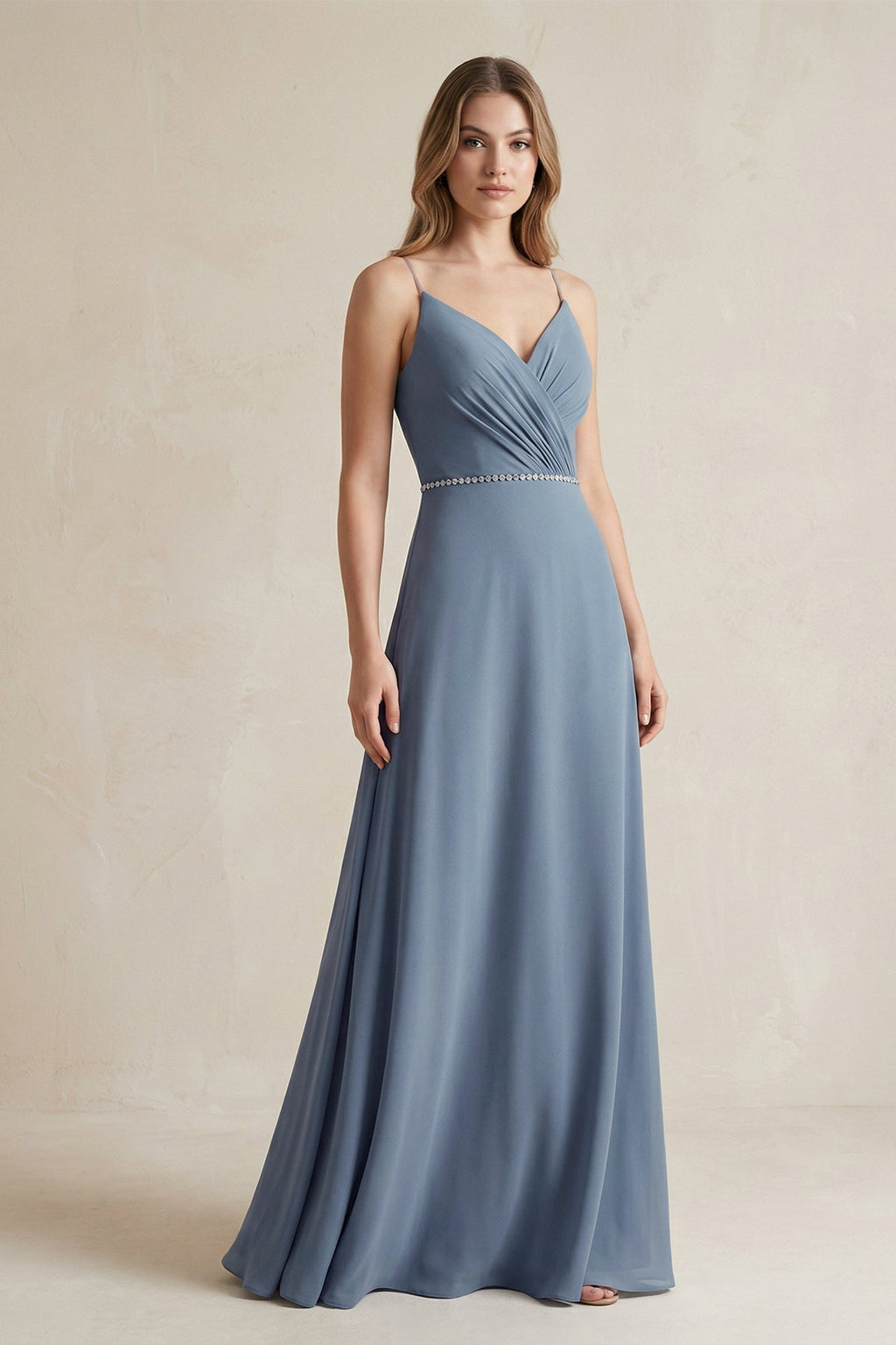 Chiffon A-Line Ruched Cami Strap Bridesmaid Dress in Neptune - Curvevia