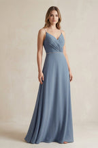 Chiffon A-Line Ruched Cami Strap Bridesmaid Dress in Neptune - Curvevia